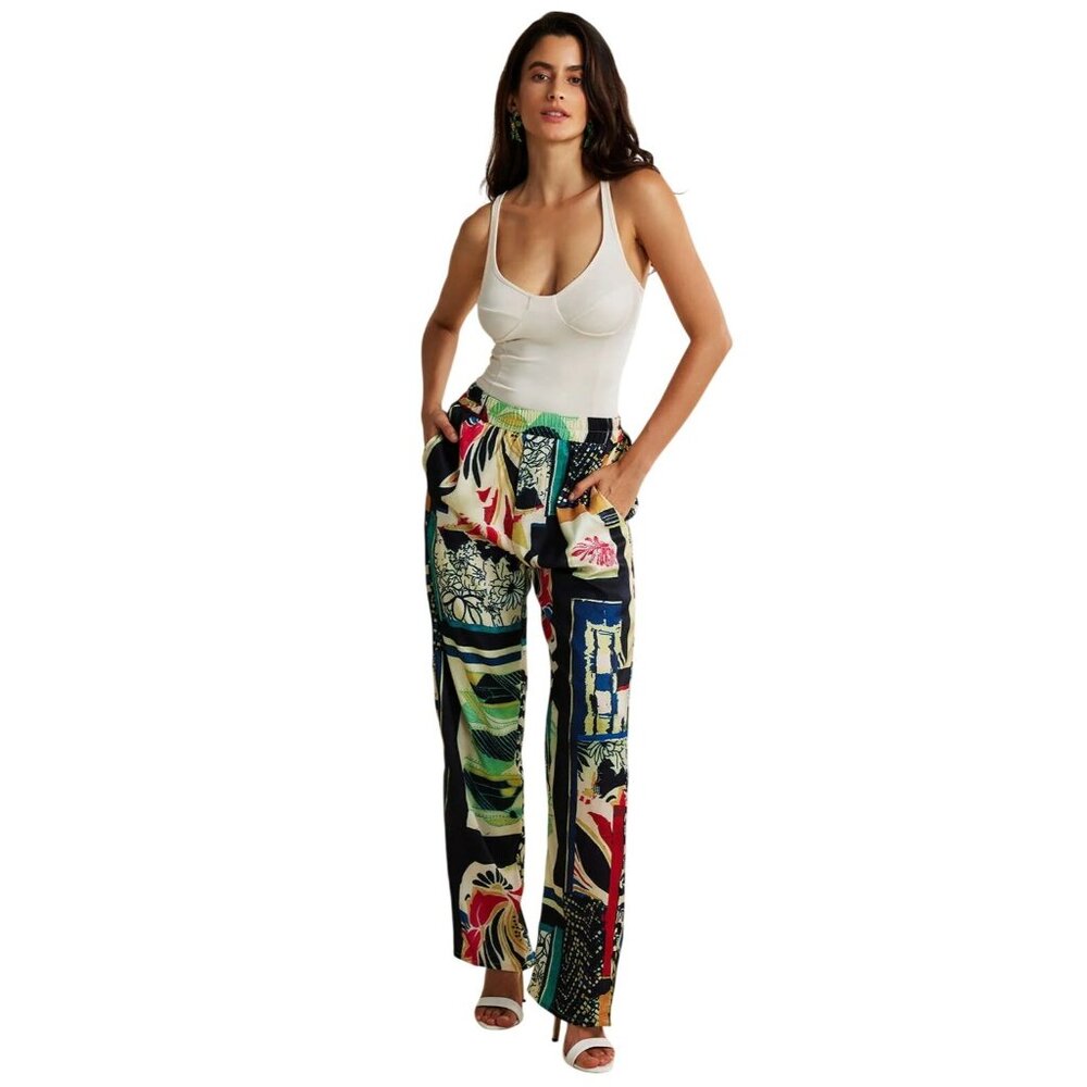 Micas Womens XL Floral Print High Waisted Straight Leg Pants Elastic Waist Pocke